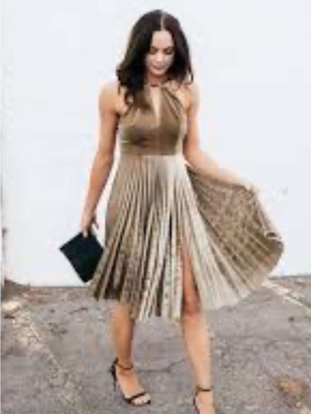 Topshop Gold Velvet Pleated Mini Dress